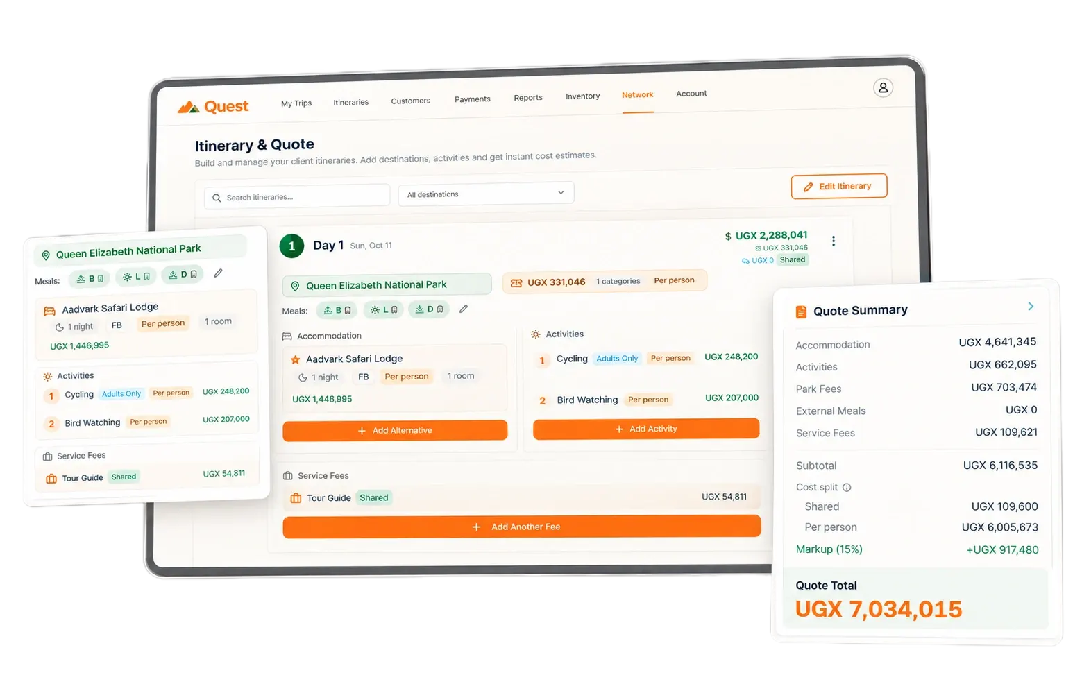 Quest itinerary builder showing a day with accommodation, activities and park fees beside the live quote summary