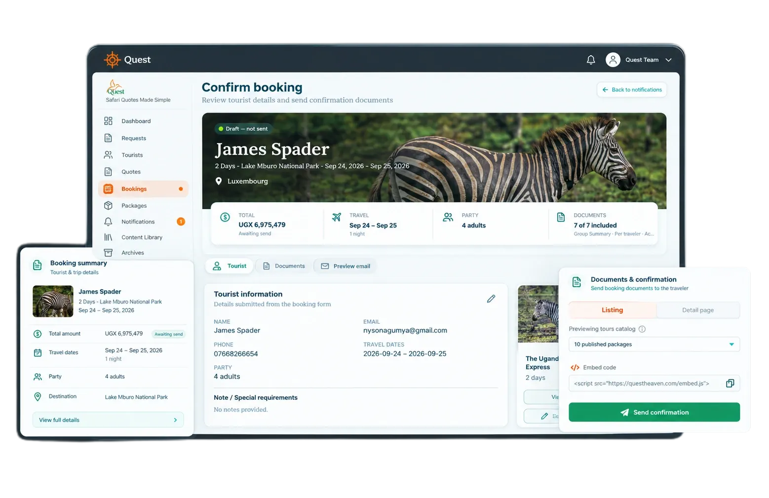 Quest Confirm booking screen with tourist details, booking summary and a Send confirmation button