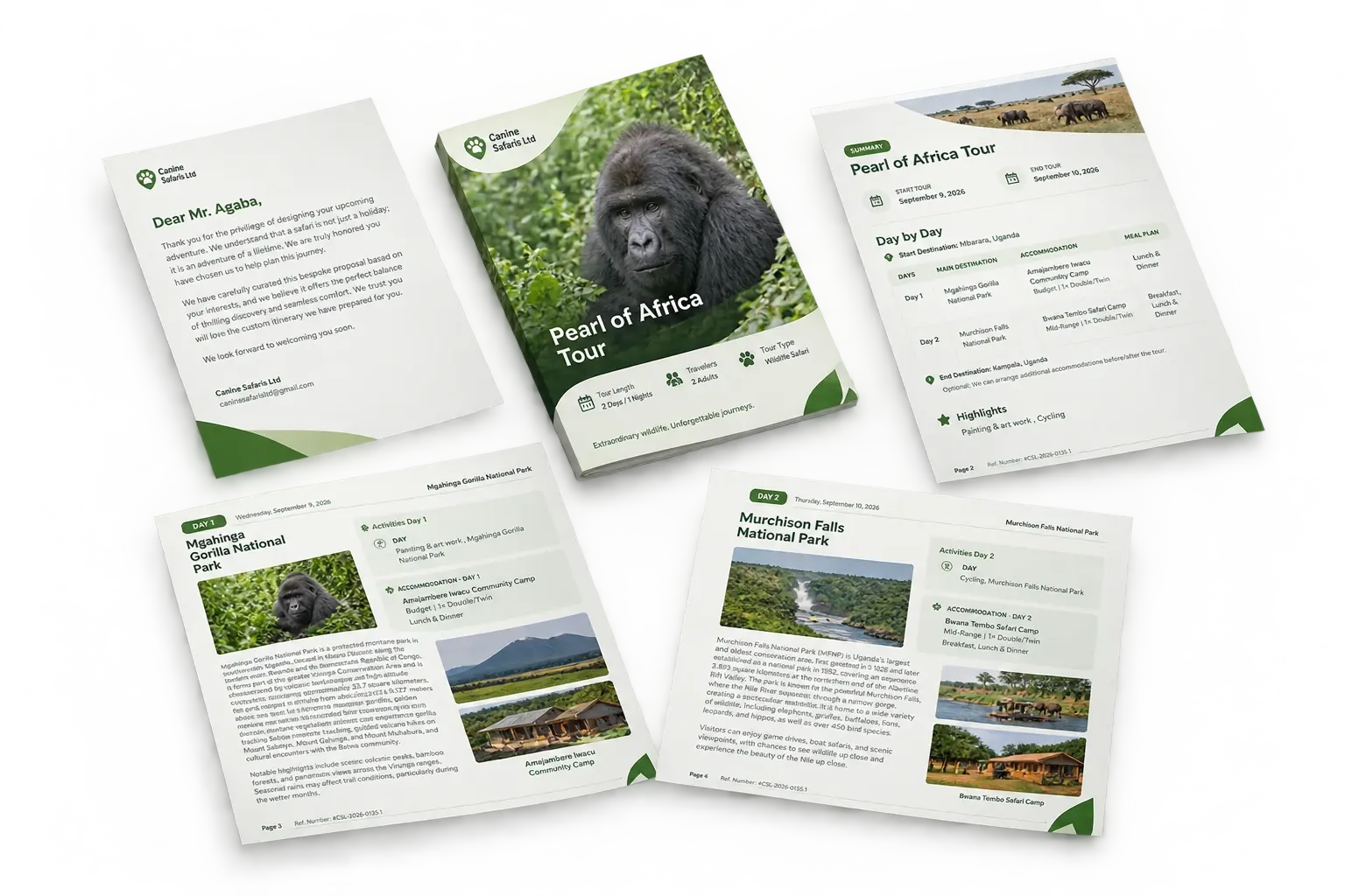 Sample Quest tour brochure for a Pearl of Africa tour: cover, welcome letter, summary and day by day pages